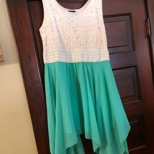 Dress with white lace top and blue/green bottom